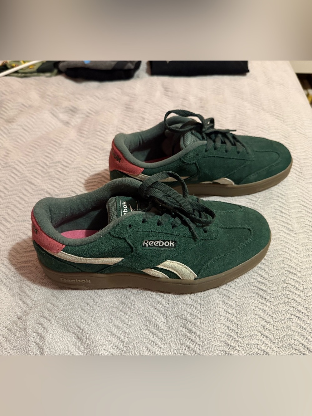 Reebok Green Suede Sneakers with Pink Heel
